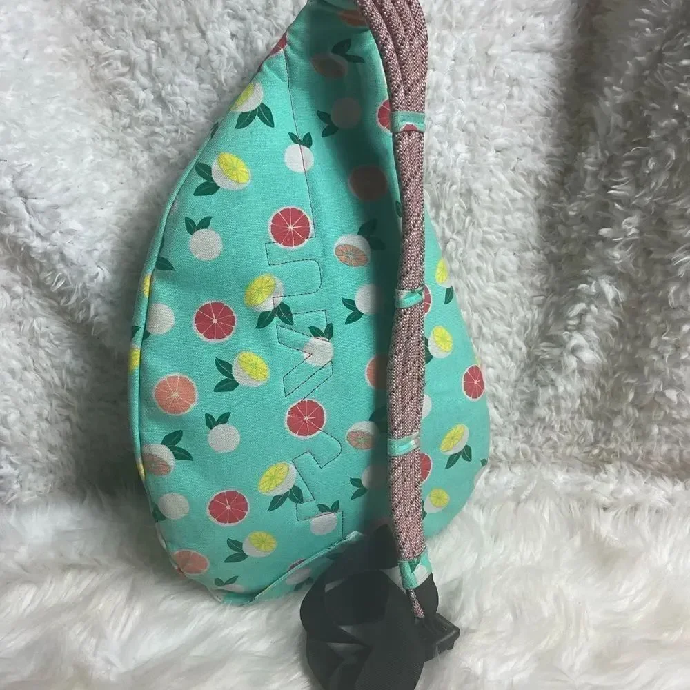 Kavu rope sling back canvas mint green with Orange,yellow, green fruit prints.